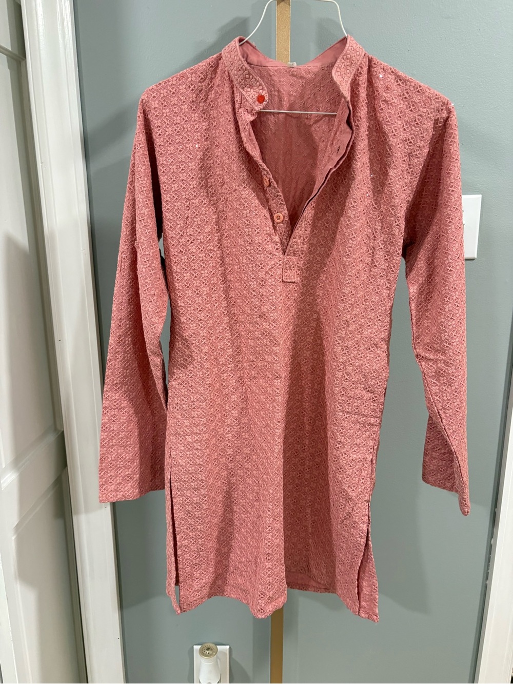 Pink Embroidered Sequin Tunic Dress Long Sleeve Boho Size S